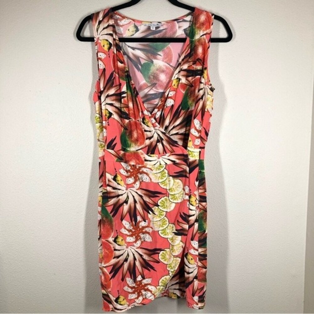 & Other Stories Tropical Fruit Lemon Floral Wrap Dress Coral Pink Sleeveless 10